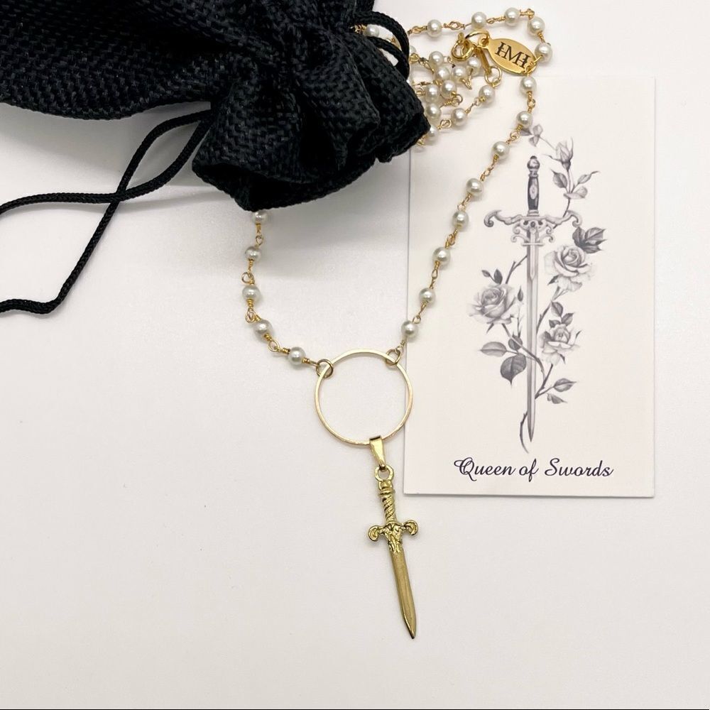 14k Gold Rosary Style Necklace with dainty pearls and Sword pendant